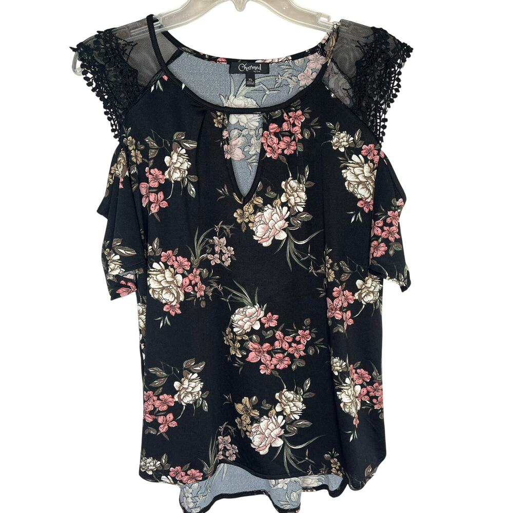 Charmed by Eve dark floral cold shoulder front keyhole top, size XL, EUC